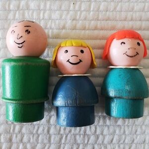 3 Wood Fisher Price Little People Dad Girl Children Vintage 2" Lot
